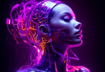 Futuristic Cyborg Woman with Neon Wiring