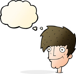 cartoon smiling man with thought bubble