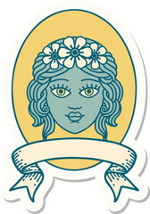 tattoo sticker with banner of a maiden with crown of flowers