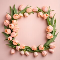Obraz na płótnie Canvas a round wreath of tulips on a peach background, Peach Fuzz