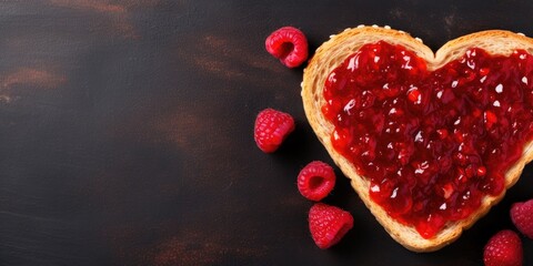 Toast in the shape of a heart with jam and berries on the table, space for text. Generative AI