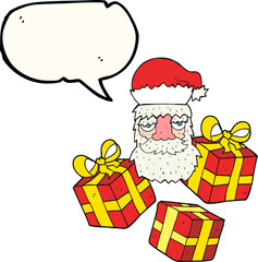 speech bubble cartoon tired santa claus face with presents
