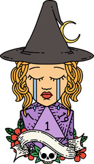 crying human witch with natural D20 roll illustration