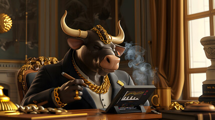 Bull in a suit smoking a cigar sitting at a desk in a room, looking at stock charts on a tablet, wearing a gold necklace, gold ring.