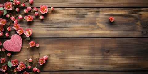red rose petals, Small hearts on a wooden background, space for text. 