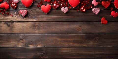 Obraz premium Small hearts on a wooden background, space for text. Valentine's day theme. Generative AI