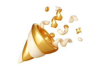 Golden party popper with confetti streamer and star 3d render illustration.