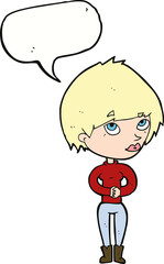 cartoon woman considering with speech bubble