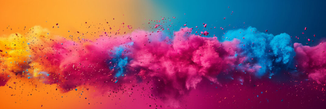 Colored powder explosion. Colorful rainbow Holi paint splash.  Hindu festival of colors.