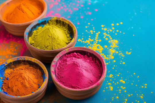 Colorful powder paints in pots at a market in India. Festival of colors in India, Holi. The arrival of spring, the victory of good over evil. Happiness.