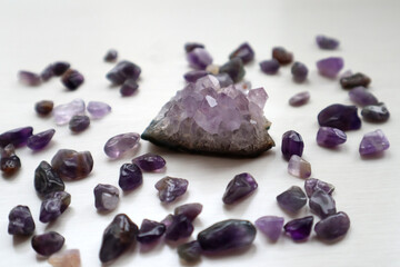 Amethyst druse and amethyst kiesel, close up.