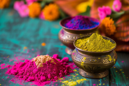 Colorful powder paints in pots at a market in India. Festival of colors in India, Holi. The arrival of spring, the victory of good over evil. Happiness.