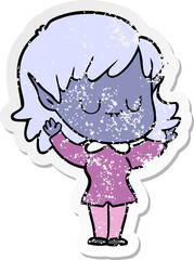 distressed sticker of a happy cartoon elf girl