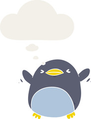cute cartoon flapping penguin and thought bubble in retro style