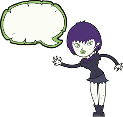 cartoon vampire girl welcoming with speech bubble