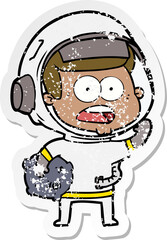 distressed sticker of a cartoon surprised astronaut holding moon rock
