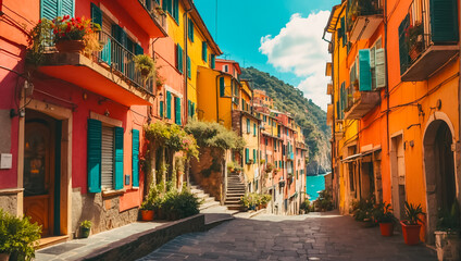 beautiful  colorful  street Cinque Terre Italy - obrazy, fototapety, plakaty
