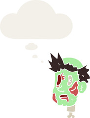 cartoon zombie head and thought bubble in retro style