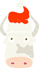 flat color illustration of a cartoon cow wearing christmas hat