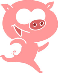 cheerful running pig flat color style cartoon
