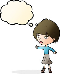cartoon woman giving thumbs up symbol with thought bubble