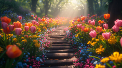 wooden path in a garden full of flowers