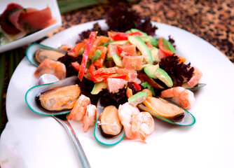 Seafood salad with shrimps mussels squid octopus with vegetables and herbs on white plate