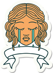 tattoo sticker with banner of female face crying