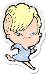 distressed sticker of a cute cartoon girl with hipster haircut