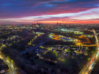 Aerial image of Manchester downtown just after the sunset. 