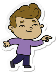 sticker of a happy cartoon man pointing