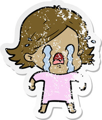 distressed sticker of a cartoon woman crying