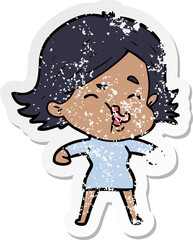 distressed sticker of a cartoon girl pulling face