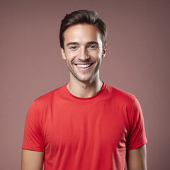 Fototapeta premium Brunet caucasian man with a red t shirt happy and cheerful smiling at the camera in a transparent background
