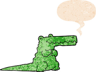 cartoon crocodile and speech bubble in retro textured style