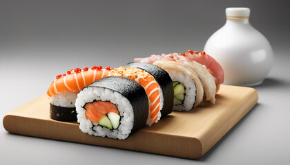 Sushi. Sushi set on a wooden board. AI generated