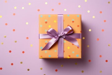 Fototapeta premium Confetti Festive Gift Package with Elegant Wrapping, Ribbon, and Bow, Perfect for Birthday Celebration or Holiday Surprise, Unveiling Joy and Happiness in Special Occasions