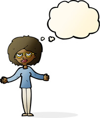 cartoon woman wearing spectacles with thought bubble