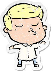 distressed sticker of a cartoon model guy pouting
