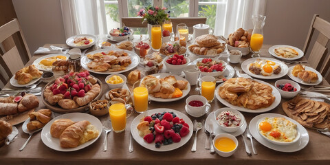Fototapeta na wymiar Very beautiful breakfast table with all very delicious foods