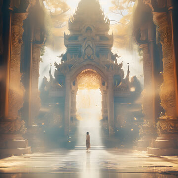 Opulent acient Temple of lost Lemuria civilization bathed in golden  light. culture concept. Ai generated