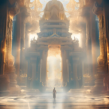 Opulent acient Temple of lost Lemuria civilization bathed in golden  light. culture concept. Ai generated