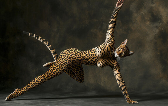 
pose de animal de corpo inteiro de ginasta com roupas com estampa animal