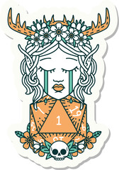 crying elf druid character face with natural one D20 roll sticker
