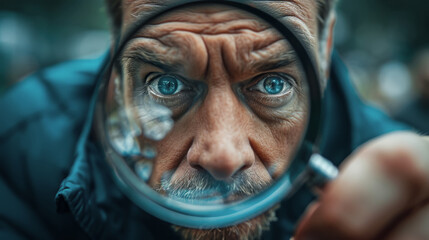 A man who looks through a magnifying glass