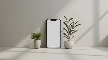Isolated smartphone device mockup with blank empty white screen on home office studio background wallpaper, communication technology concept