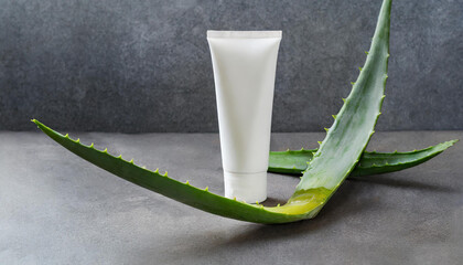 Mockup. White plain tube of cream on a gray background; view from above with aloe vera