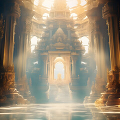 Opulent acient Temple of lost Lemuria civilization bathed in golden  light. culture concept. Ai generated - obrazy, fototapety, plakaty