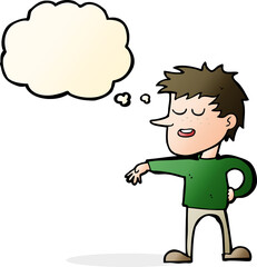 cartoon man making dismissive gesture with thought bubble