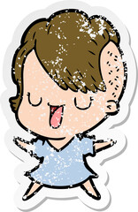 distressed sticker of a cute cartoon girl with hipster haircut